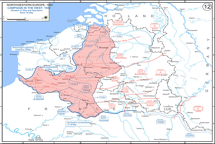 Продвижение немецких войск по территории Франции  к 21 мая 1940 г.