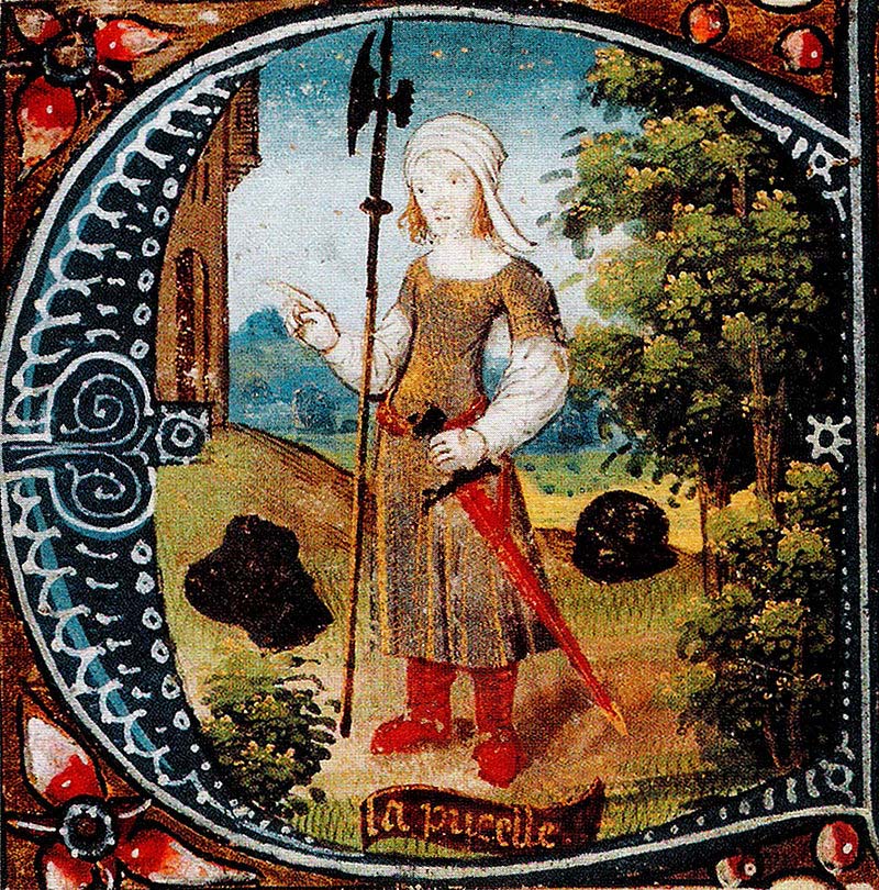 Под звездным дневным небом, одетая крестьянкой, Жанна Д'Арк превращается в воина, вооруженного алебардой и мечом (конец XV в.)
