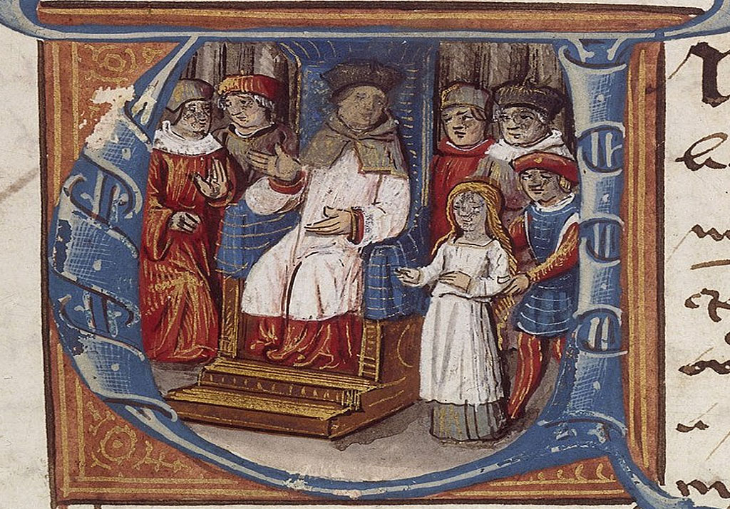 Жанна д'Арк предстала перед епископом Пьером Кошоном (миниатюра, Париж, XV в)