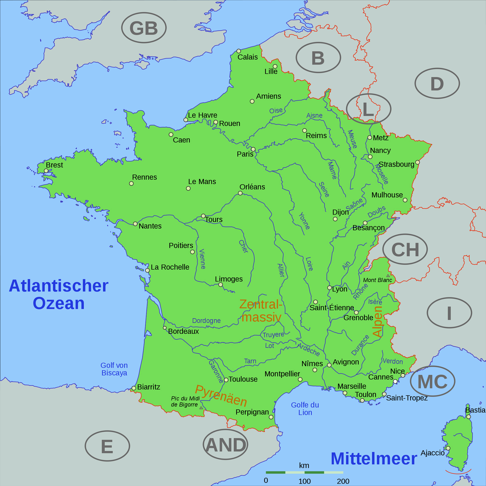 Карта основных рек Франции