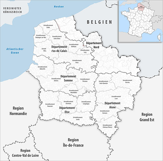 Департаменты региона О-де-Франс (Hauts-de-France) на карте