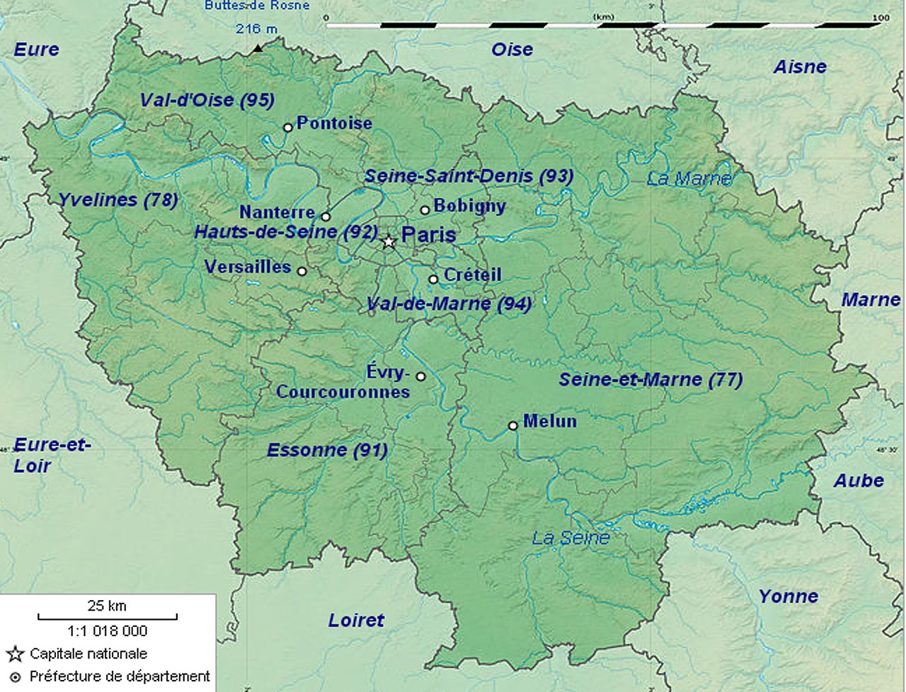 Департаменты региона Иль-де-Франс (Île-de-France) на карте