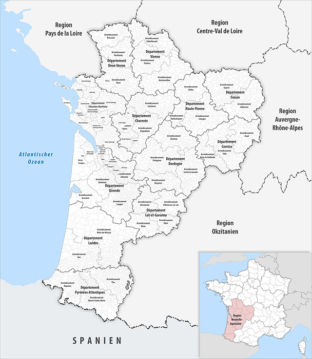 Департаменты Новой Аквитании (Nouvelle-Aquitaine) на карте
